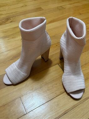 Avec Les Filles Mariah heel. Women's designer Knit Open-Toe Ankle Booties